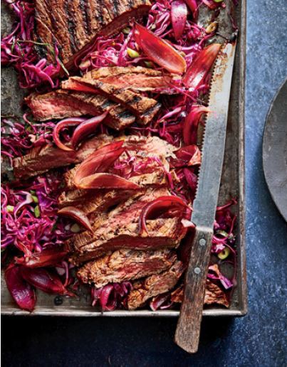 Red Wine–Marinated Steak with Balsamic Onions and Slaw