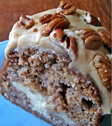 APPLE AND CREAM CHEESE BUNDT CAKE WITH CARAMEL PECAN TOPPING