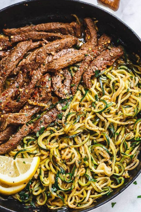 LEMON GARLIC BUTTER STEAK WITH ZUCCHINI NOODLES RECIPE