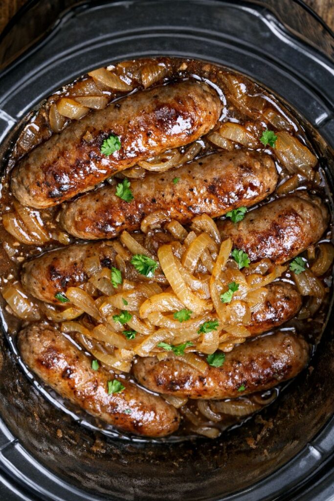 Slow Cooker 4-Ingredient Bangers and Onions