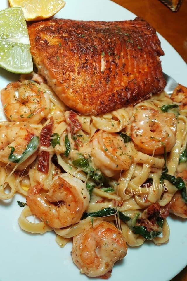 Roasted Salmon & Creamy Melt Shrimp Fettuccine