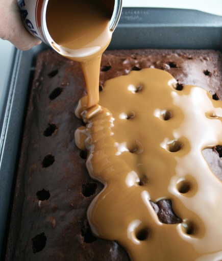 Chocolate Turtle Poke Cake