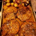 sheet pan pork chops with multi colored potatoes & red onion!