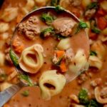 Creamy Slow Cooker Spinach Tomato Sausage Tortellini Soup