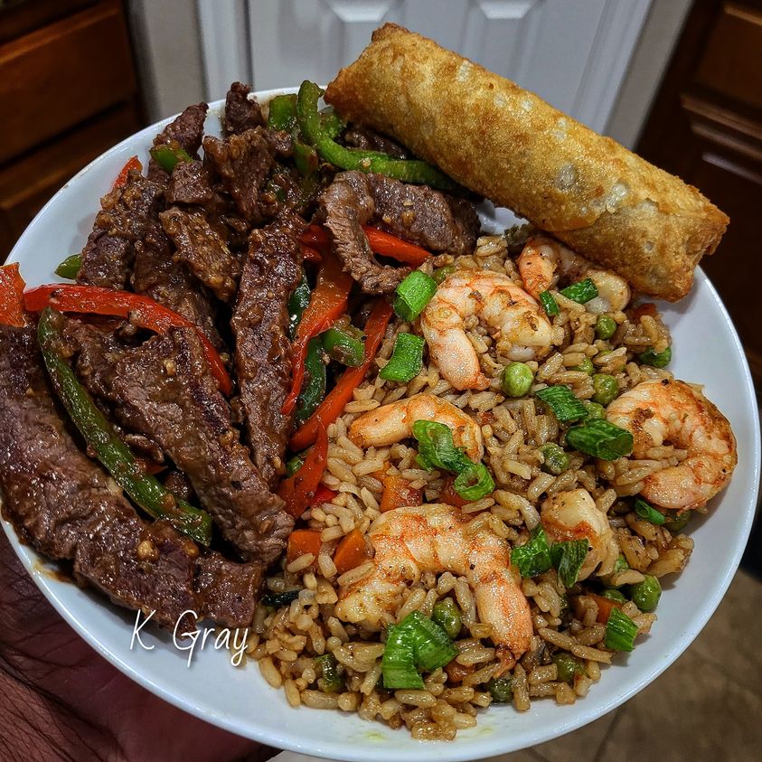 Pepper steak and shrimp fried rice