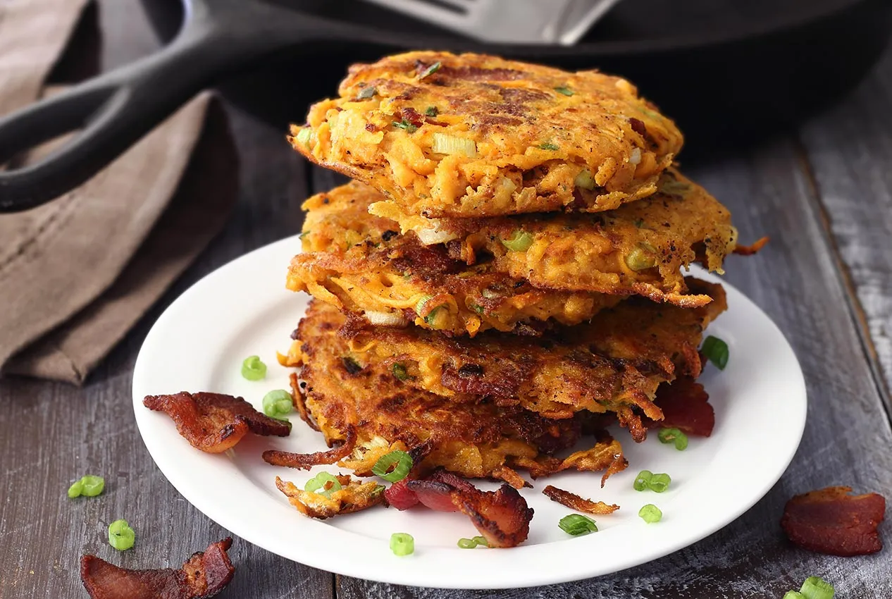 Sweet Potato Fritters with Scallion and Bacon - All Guides Recipes