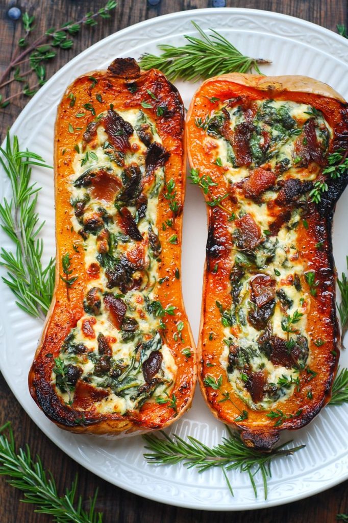 Stuffed Butternut Squash with Spinach, Bacon, and Cheese.