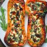 Stuffed Butternut Squash with Spinach, Bacon, and Cheese.