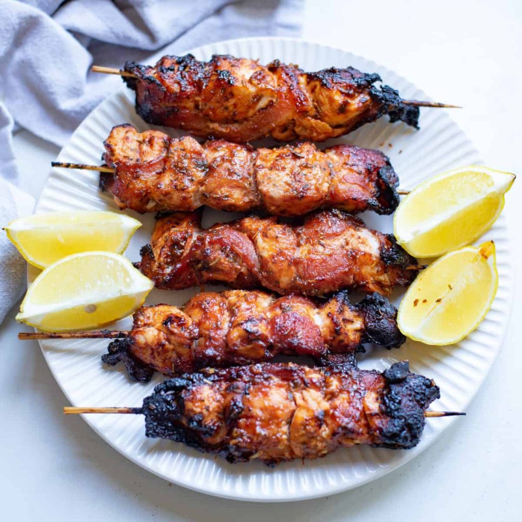 Air Fryer Bacon Wrapped BBQ Chicken Kabobs