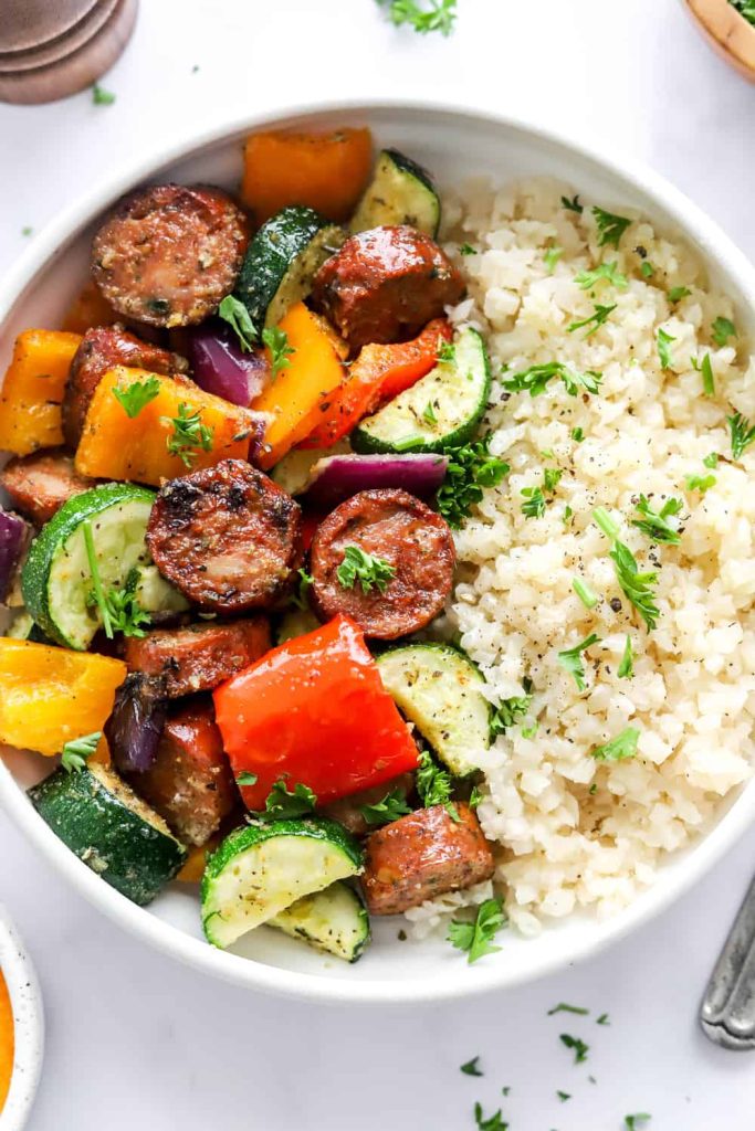 10 Minute Air Fryer Chicken Sausage and Veggies