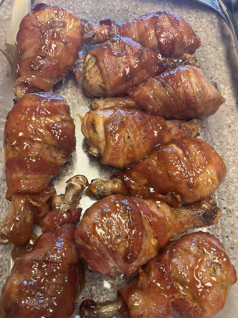 Air fryer Bacon, wrapped chicken legs