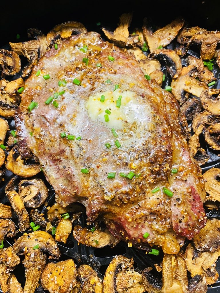 Air Fryer Ribeye and Mushrooms