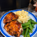 Air Fryer Chicken Thighs with Mashed Potatoes and Snow Peas