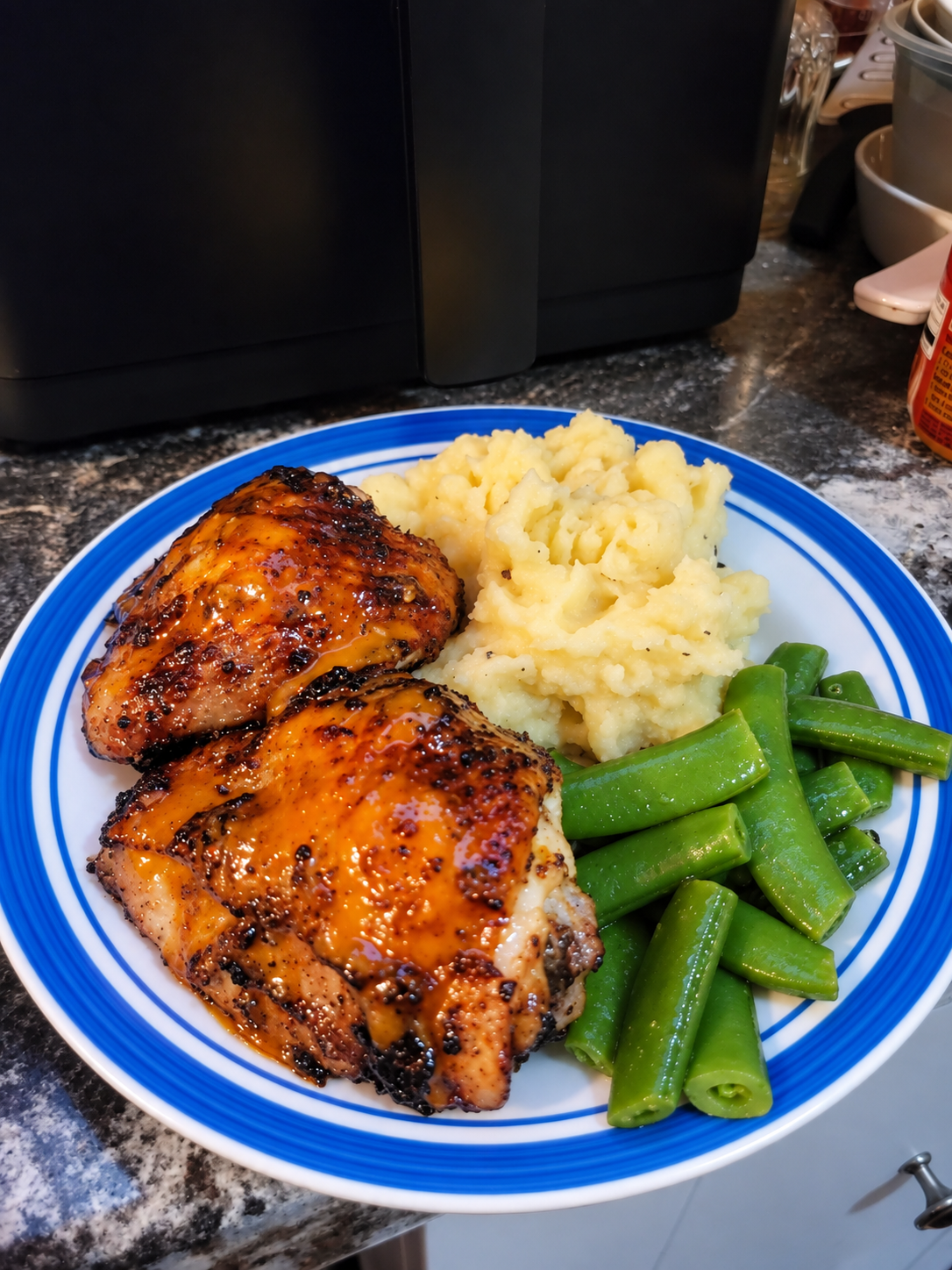 Air Fryer Chicken Thighs with Mashed Potatoes and Snow Peas